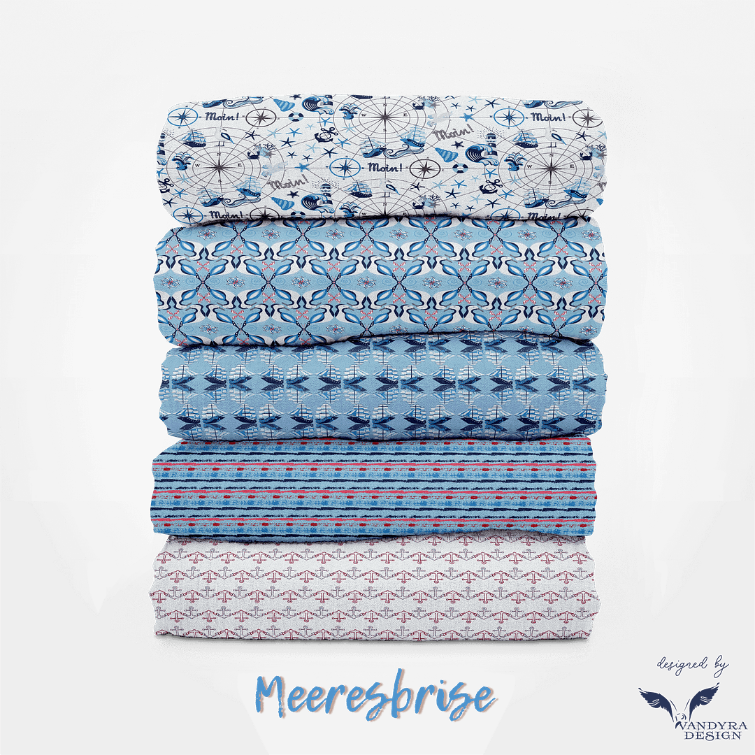 Kollektion Meeresbrise von der Designerin Vandyra Design. Verschiedene maritime Motive in den Farben Rot/Blau/Weiß. 5 Stoffe übereinander als Stapel gelegt.