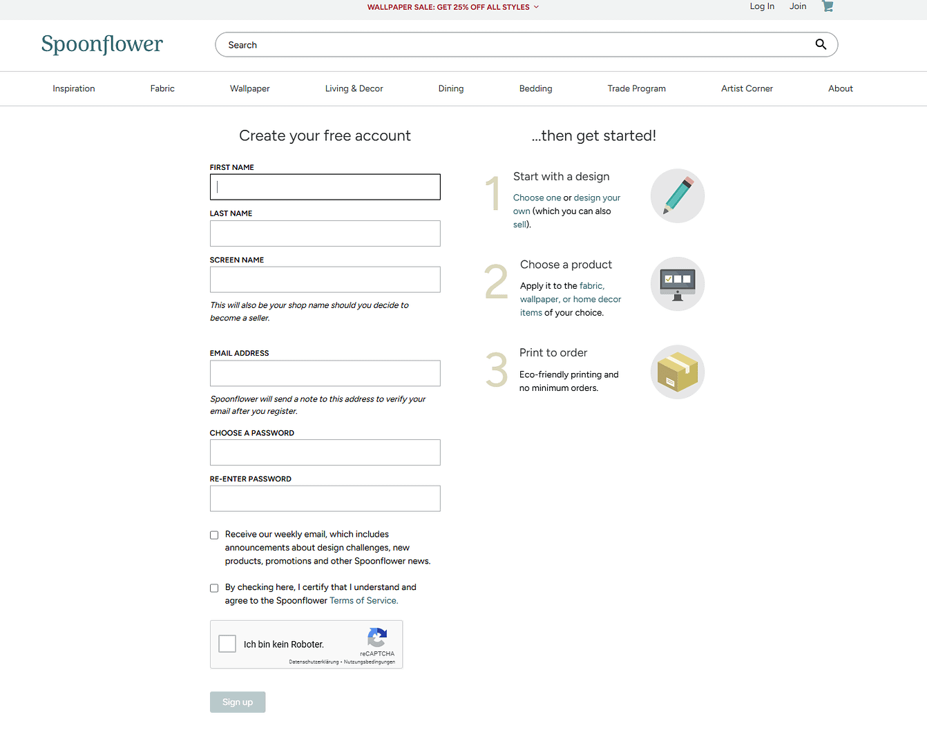 Screenshot - Create a Account bei Spoonflower