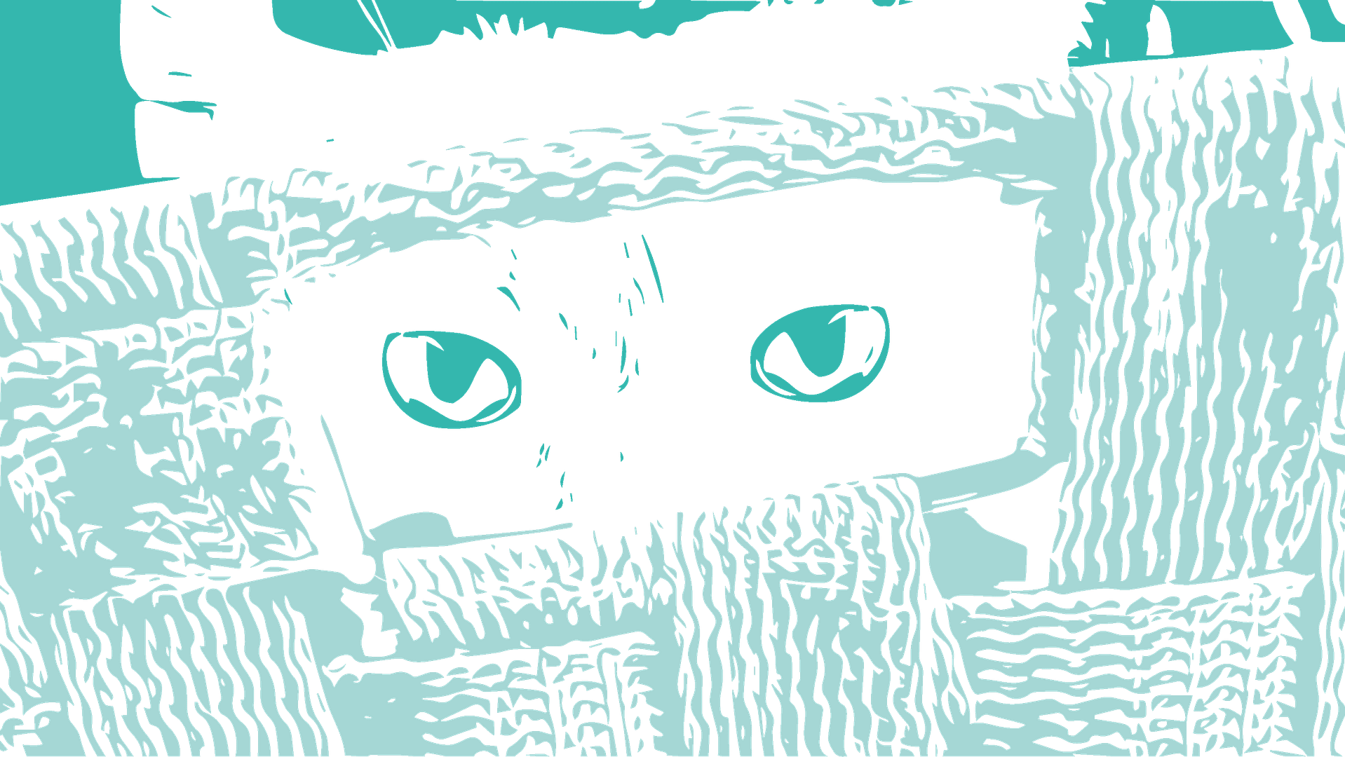 Eine Grafik einer Katze, die zwischen einen Korb schaut. Mint und Weiß sind die verwendeten Farben. Von Vandyra Design.