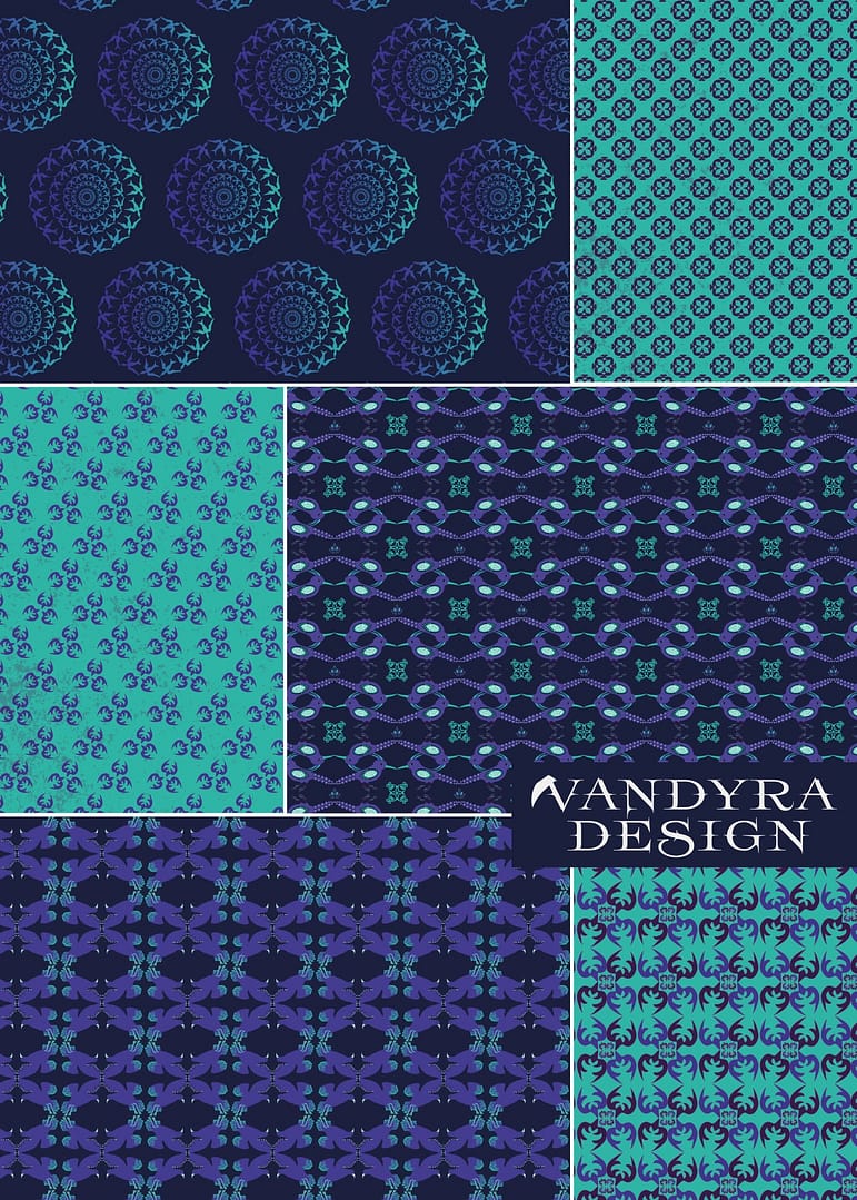 6 verschiedene Muster zum Thema Vögel in den Farben Mint, Mitternachtsblau, Blau-Lila und Plump von der Designerin Vandyra Design.