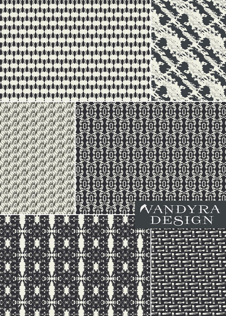 6 verschiedene Muster zum Thema experimentelles Design in den Farben Schwarz und Off-White, von der Designerin Vandyra Design.