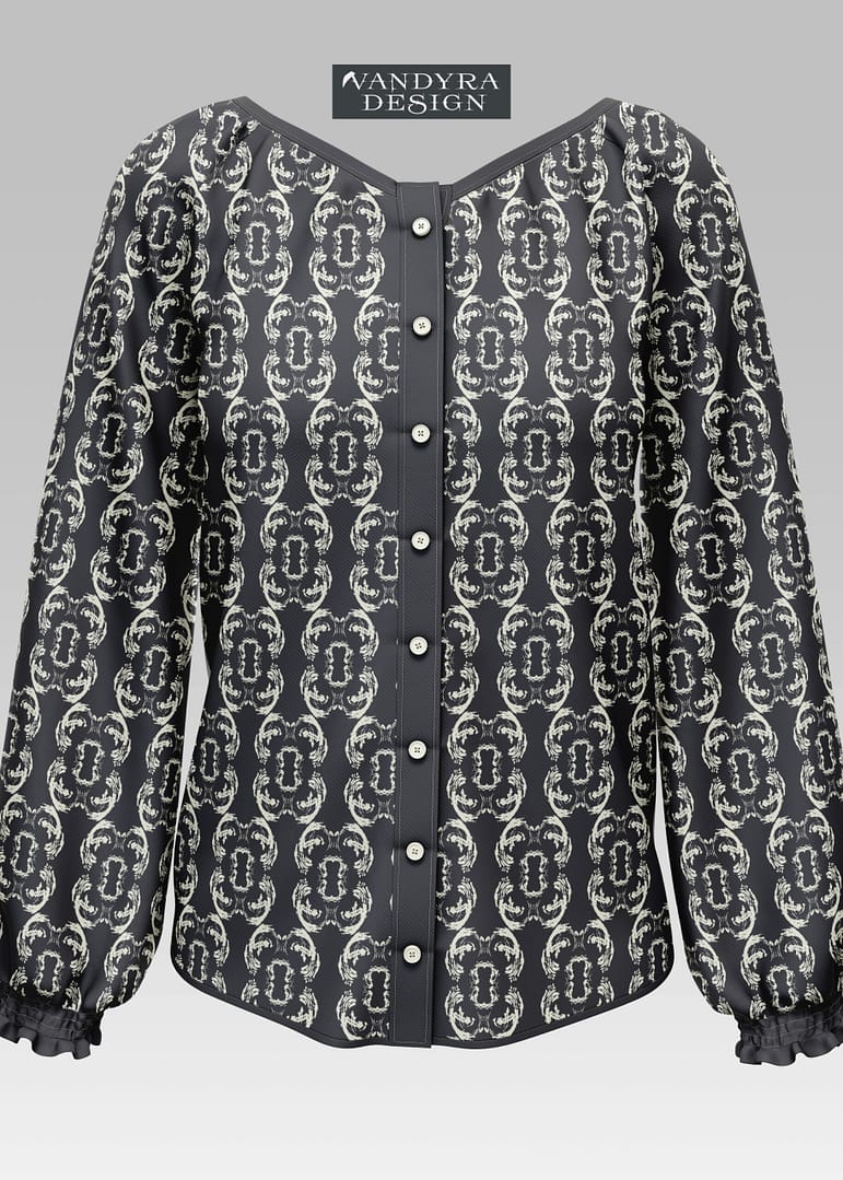Fashiondesign. Langärmelige Bluse mit abstraktem Pinselmuster. Die Farben der Muster sind Schwarz und Off-White. Der Hintergrund ist dunkelgrau. Auf dem Bild ist das Label - der Schriftzug Vandyra Design von der Designerin zusehen.