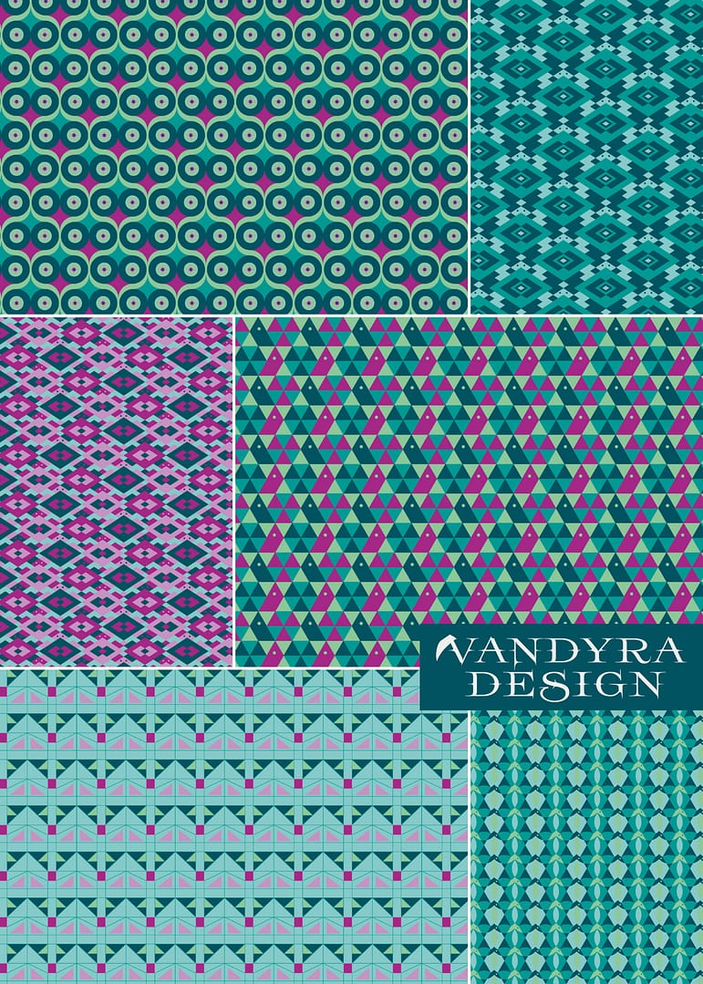 6 verschiedene Muster zum Thema geometrische Tiere wie Eule, Schildkröte, Schnecke, Katze und Fisch in den Farben Mint, Dark Cyan, Fuchsia, Hellgrün und Hellblau. Designs von der Designerin Vandyra Design