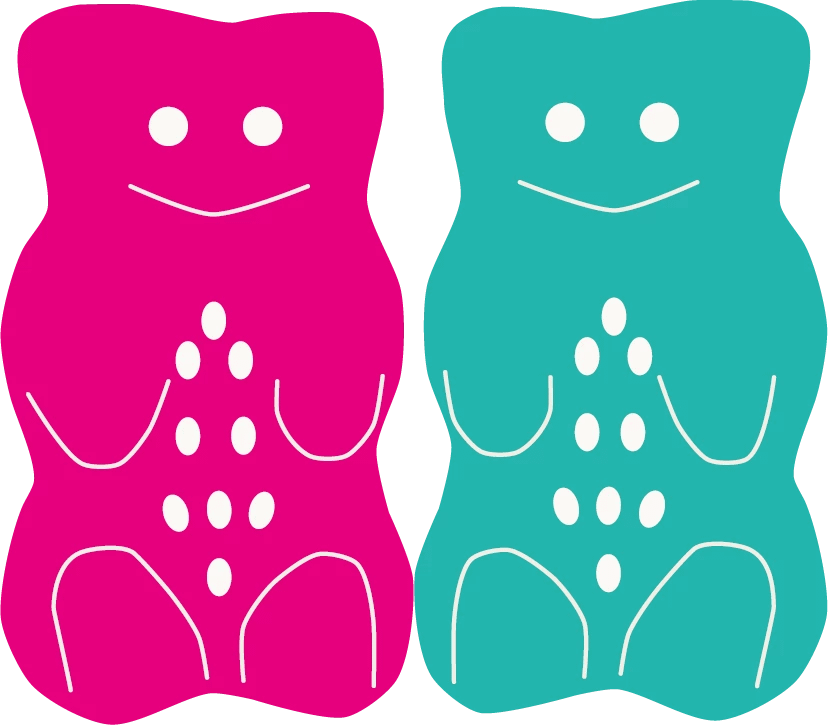 Illustration von zwei Gummibärchen in den Farben Pink und Mint.
